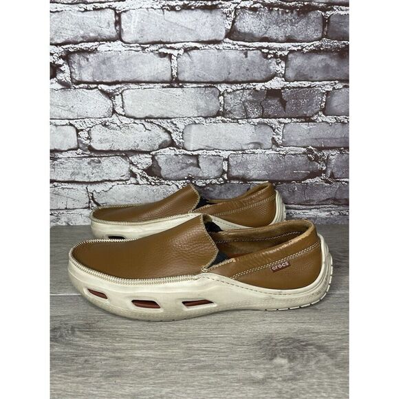 Crocs Brown Leather Vented Soles Cushioned Outdoor Loafers Men’s Sz 12M US/45EU - Picture 15 of 16